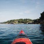 red kayak on body of water near green trees during daytime
